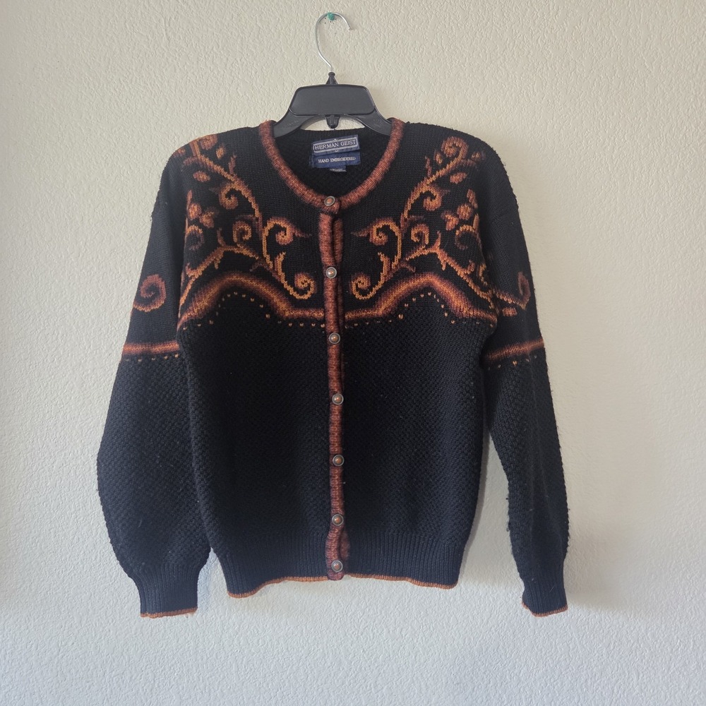 VTG Herman Geist Hand Embroidered Wool Cardigan Blue Floral 80s Cottagecore READ